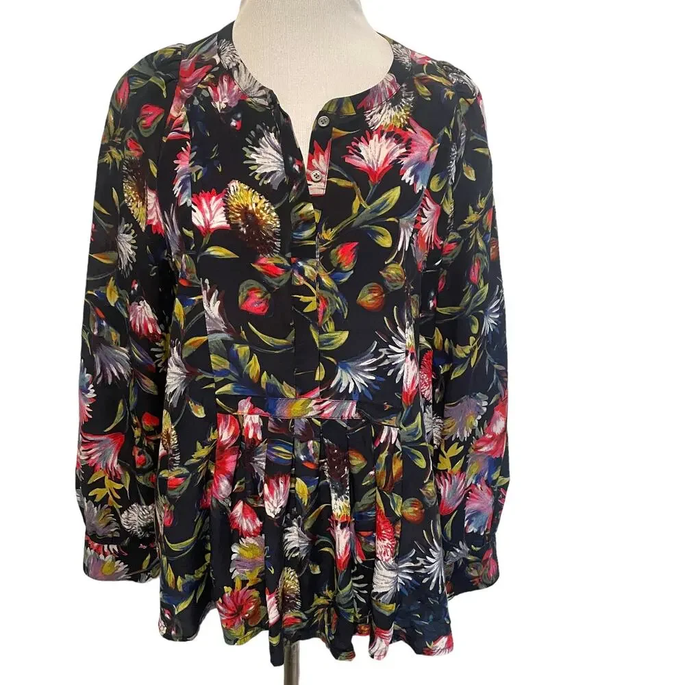 J. Crew Silk Floral Top Womens Medium Black Multicolor Peplum Popover Blouse